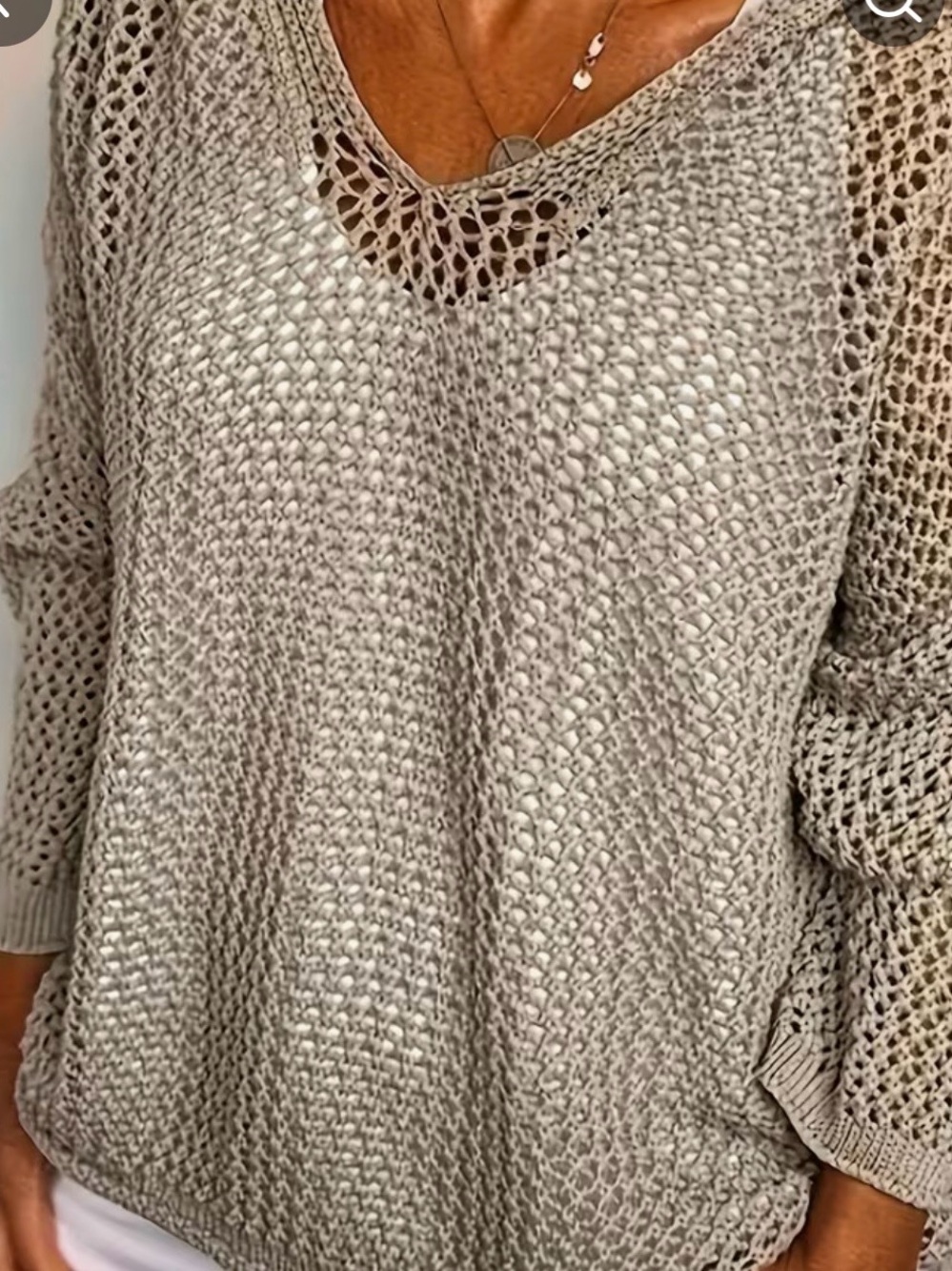 Relaxed Open-Knit V-Neck Sweater in Light Taupe